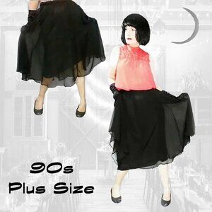 Black Chiffon Skirt, Elastic Waist, Floaty Dressy Plus Size One Size Vintage
